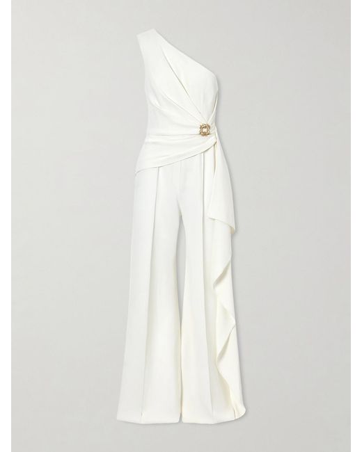 Elie Saab White One-Shoulder Embellished Cady Jumpsuit