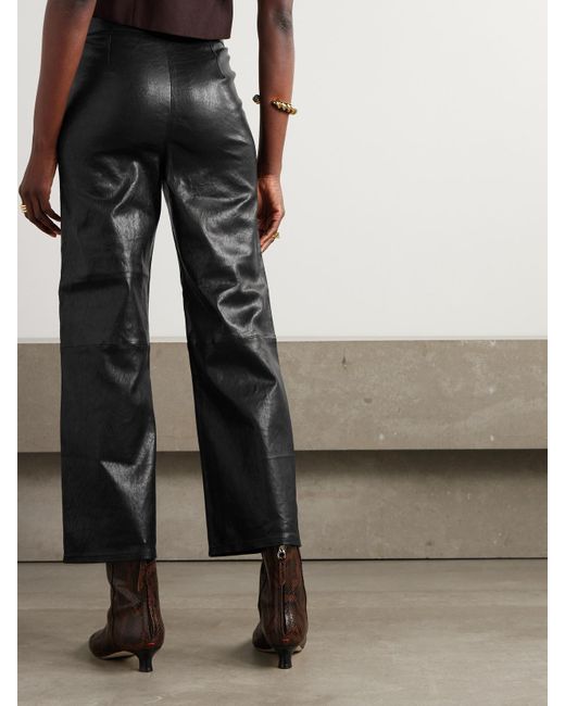 FRAME Black Crinkled Cropped High-Rise Wide-Leg Leather Pants