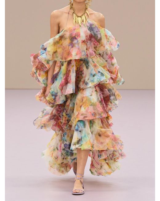 white floral print halterneck chiffon midi dress White Floral Print Dress - Halter Midi Dress - Tiered Midi Dress