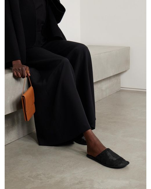 The Row Black Frances Satin-Jacquard Slippers
