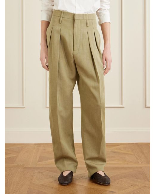 Bottega Veneta Natural Cropped Pleated Woven Tapered Pants