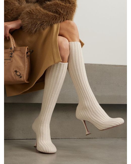 AMINA MUADDI White Veneda Ribbed Stretch-Knit Knee Boots