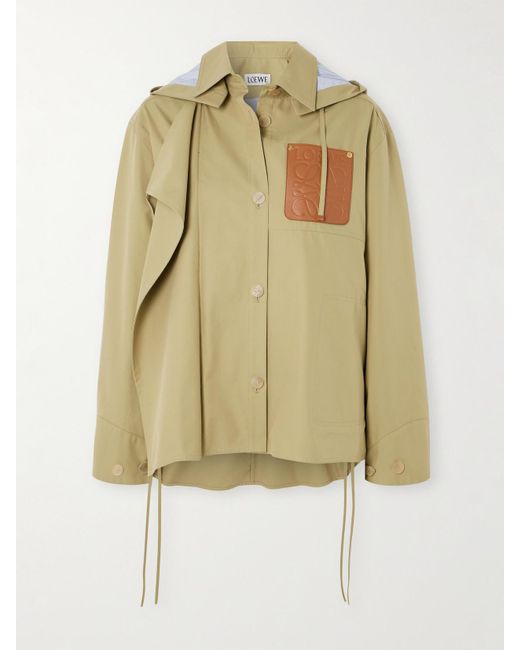 Loewe Natural Anagram Hooded Cutout Leather And Poplin-Trimmed Cotton-Gabardine Jacket