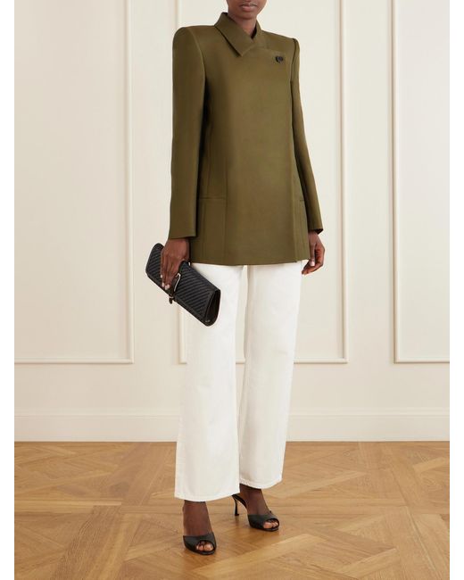 Liffner Gray Belted Leather-Trimmed Raffia Clutch