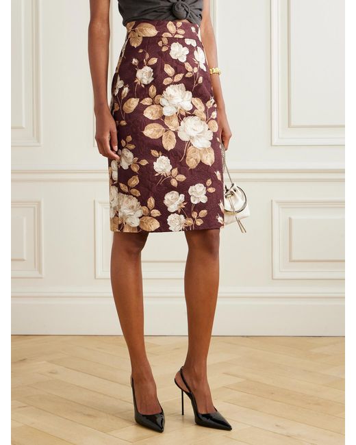 Dolce & Gabbana Brown Floral-Print Cotton-Blend Jacquard Skirt