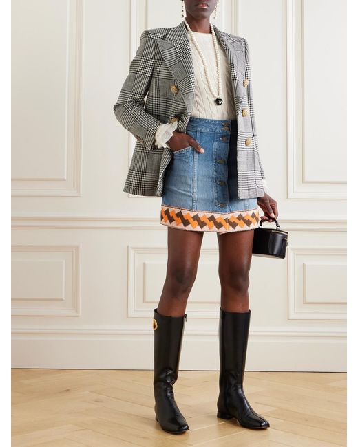 Valentino Garavani Blue Jacquard-Trimmed Paneled Denim Mini Skirt