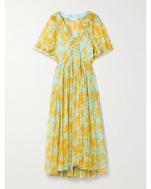 La Ligne Yellow Constance Floral-Print Silk-Chiffon Midi Dress