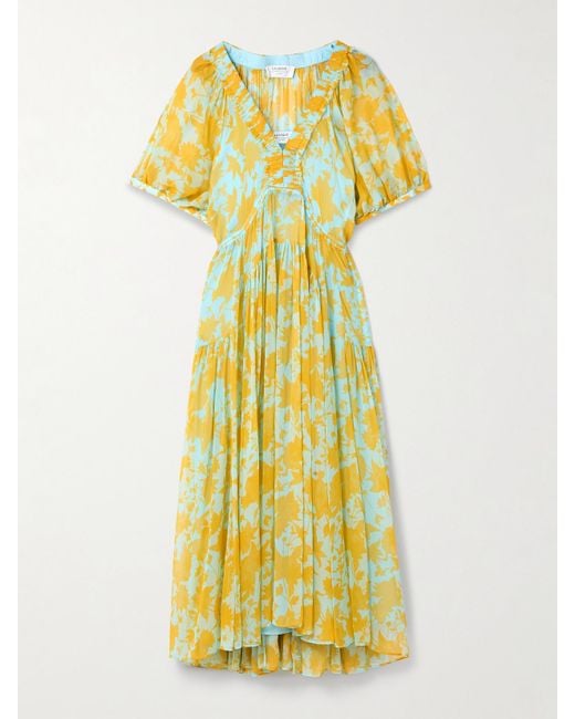 La Ligne Yellow Constance Floral-Print Silk-Chiffon Midi Dress