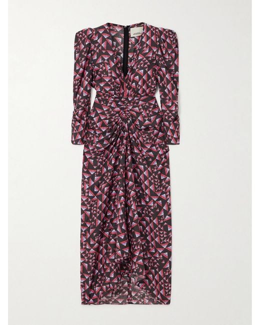 Isabel Marant Purple Albini Gathered Printed Voile Midi Dress
