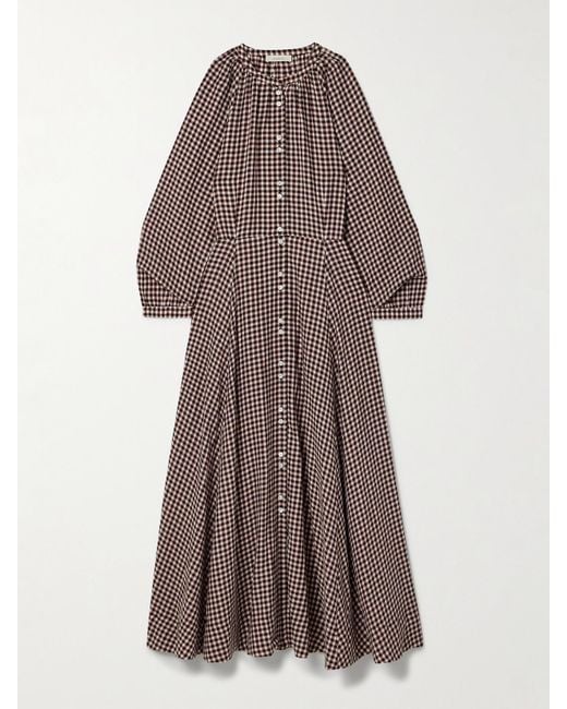 Doen Brown Madelaine Checked Organic Cotton-Voile Midi Dress