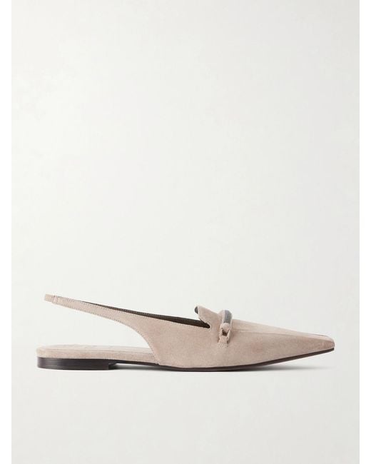 Brunello Cucinelli Natural Suede Pointed-Toe Slingback Flats
