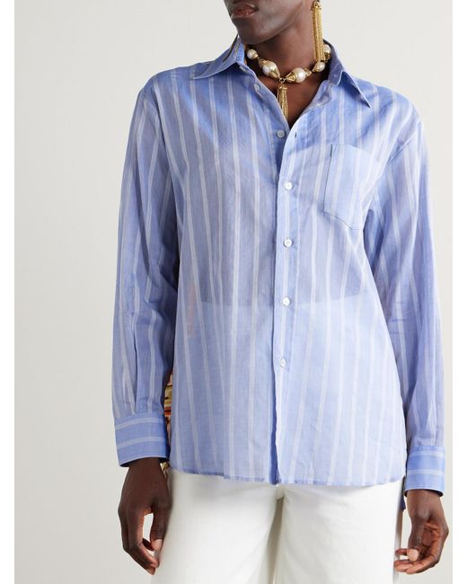 Etro Blue Printed Silk And Striped Cotton-Voile Shirt