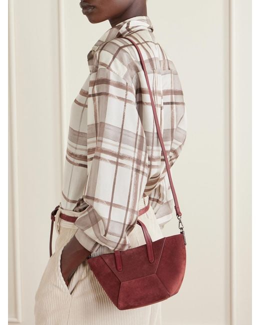 Brunello Cucinelli Red Embellished Suede Shoulder Bag