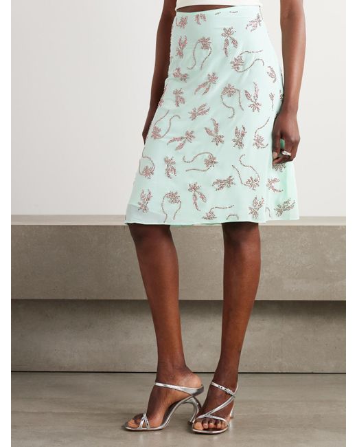 16Arlington Blue Dafne Crystal-Embellished Studded Chiffon Midi Skirt