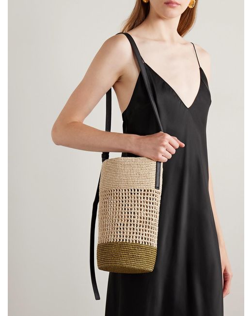 Khaite White Billie Leather-Trimmed Two-Tone Raffia Bucket Bag