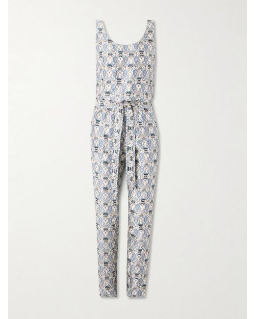 Loro Piana White Nadia Belted Printed Silk-Satin Jumpsuit