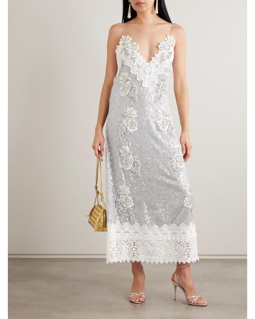Erdem White Embellished Lace-Trimmed Sequined Georgette Midi Dress