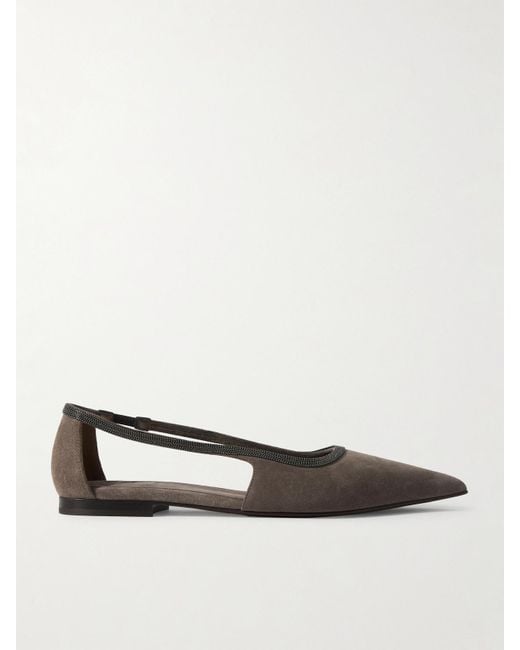Brunello Cucinelli White Bead-Embellished Suede Point-Toe Flats