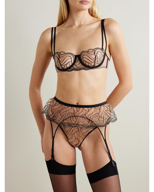 Kiki de Montparnasse Natural Ondule Silk-Blend Trimmed Embroidered Tulle Suspender Belt