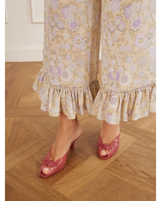 Chloé Natural Ruffled Floral-Print Silk-Charmeuse Wide-Leg Pants