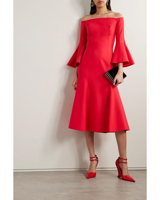 Oscar de la Renta Red Off-The-Shoulder Wool-Blend Midi Dress