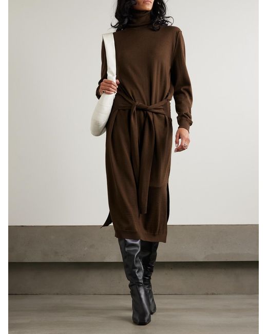 Lemaire Brown Belted Wool-Blend Turtleneck Midi Dress