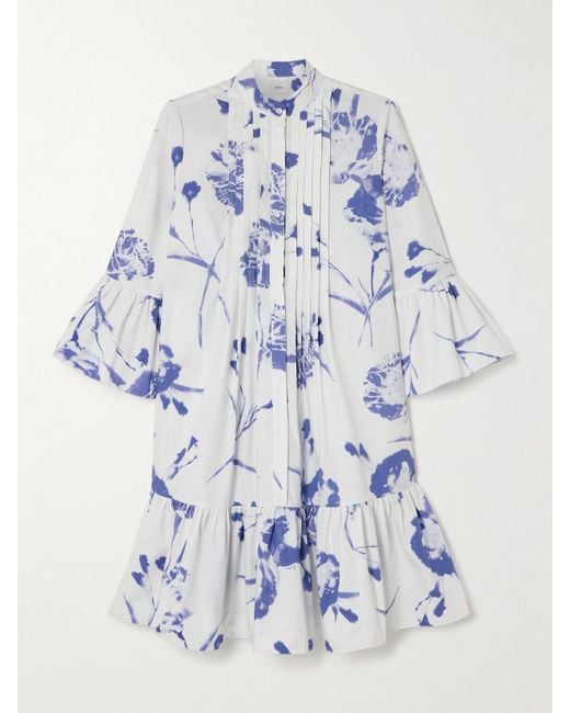 Mini-Robe-Chemise En Popeline De Coton Biologique À Imprimé Fleuri Et À Plis Nervures Erdem en coloris Blue