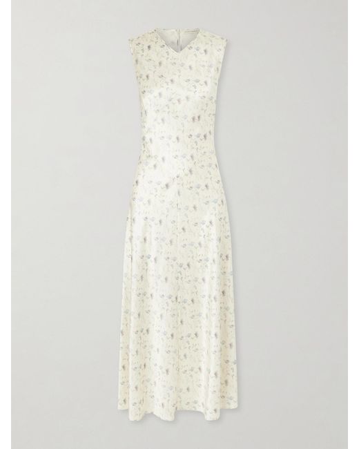 Doen White Adelana Floral-Print Silk-Satin Midi Dress