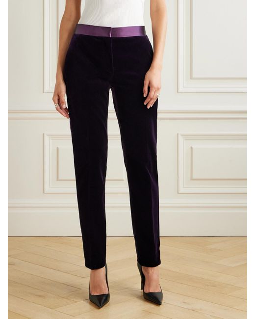 Tom Ford Blue Satin-Trimmed Cotton-Blend Velvet Straight-Leg Pants