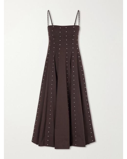 Staud Brown Wylie Embellished Paneled Cotton-Blend Poplin Midi Dress