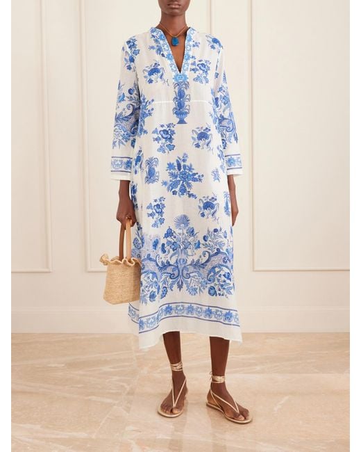 Emporio Sirenuse Blue Giada Floral-Print Cotton-Voile Kaftan