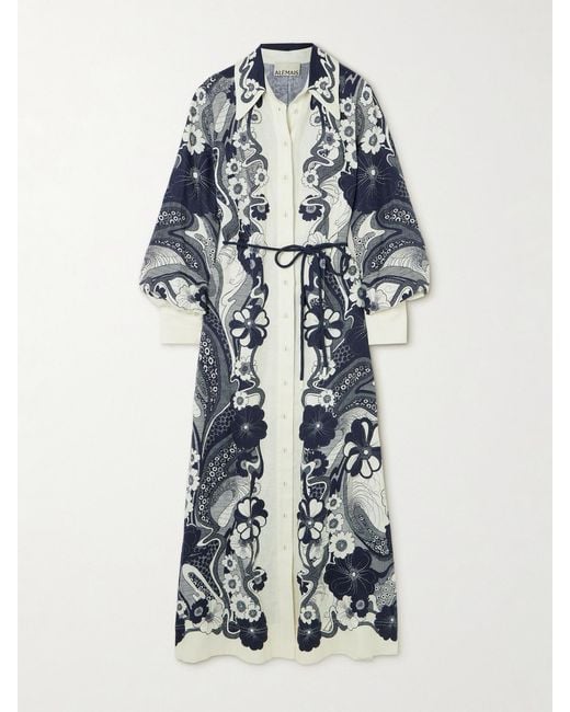 ALÉMAIS Blue Mickey Belted Printed Linen-Gauze Maxi Shirt Dress