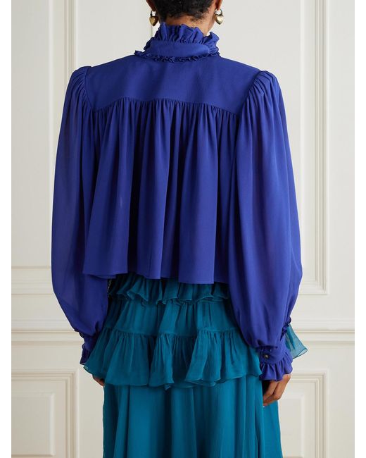 Chloé Blue Ruffled Silk-Georgette Blouse