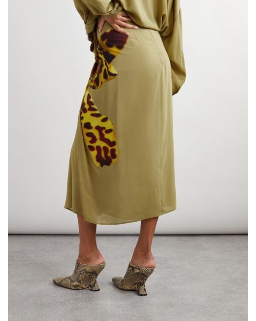 Dries Van Noten Yellow Gathered Printed Wrap-Effect Satin Midi Skirt