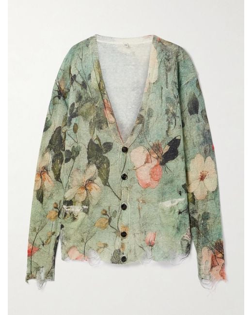R13 Green Boyfriend Distressed Floral-Print Linen Cardigan