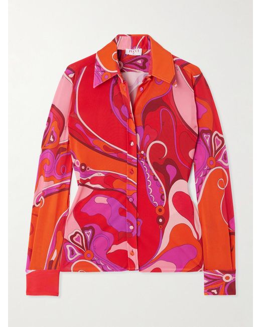 Emilio Pucci Red Hemd Aus Bedrucktem, Glänzendem Jersey