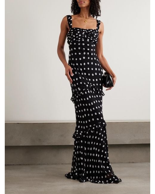 Saloni Black Selma Ruched Ruffled Polka-Dot Crepe De Chine Maxi Dress