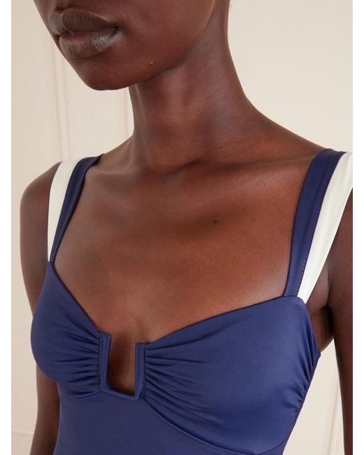 Away That Day Blue Cannes Two-Tone Gathered Recycled Stretch Swimsuit