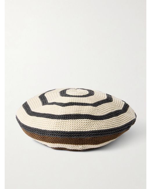 Brunello Cucinelli Natural Bead-Embellished Striped Cotton Beret