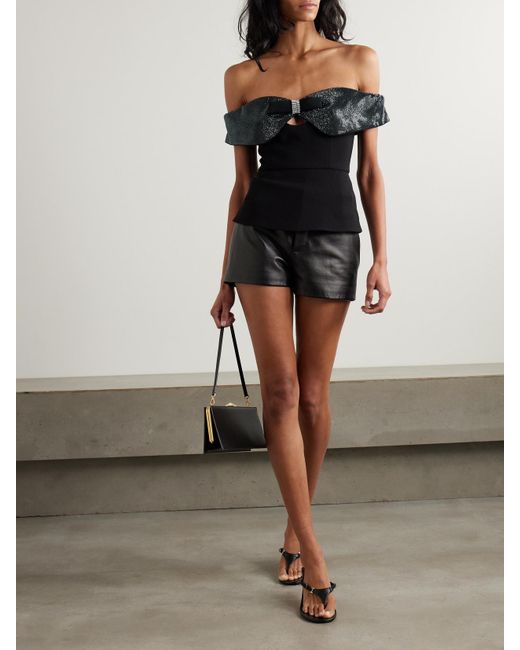 Self-Portrait Black Off-The-Shoulder Bow And Crystal-Embellished Crepe Top