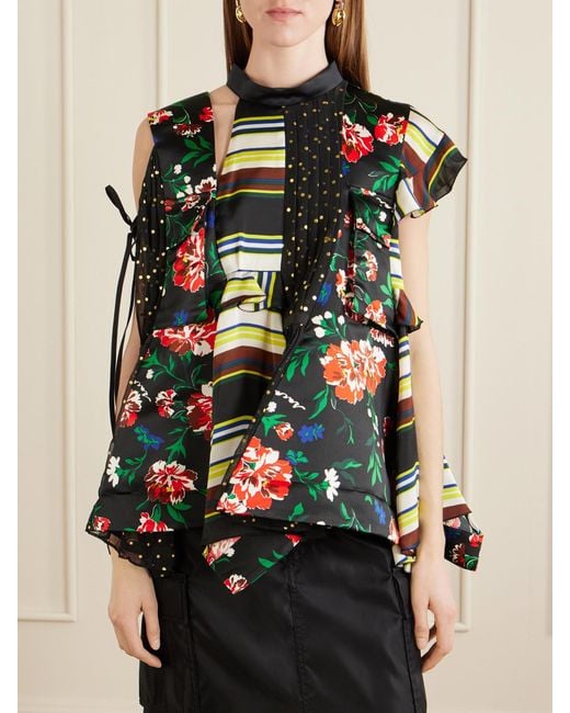 Sacai Black Pattern Mix Printed Ruffled Blouse