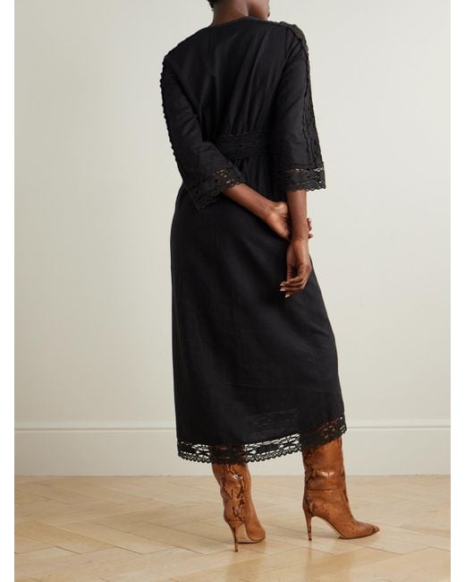 Isabel Marant Black Veona Lace-Trimmed Linen And Cotton-Blend Midi Dress