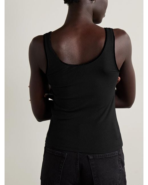 FRAME Black Velvet-Trimmed Ribbed Stretch-Modal Tank