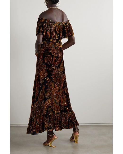 Etro Brown Off-The-Shoulder Belted Paisley-Print Velvet Maxi Dress
