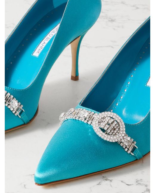 Manolo Blahnik Blue Asapump 70 Pumps Mit Spitzer Kappe Aus Satin Mit Kristallen