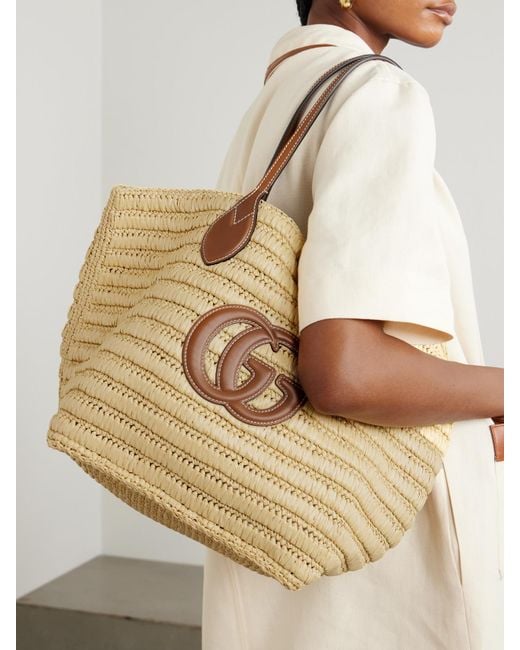 Gucci Natural Leather-Trimmed Raffia Tote
