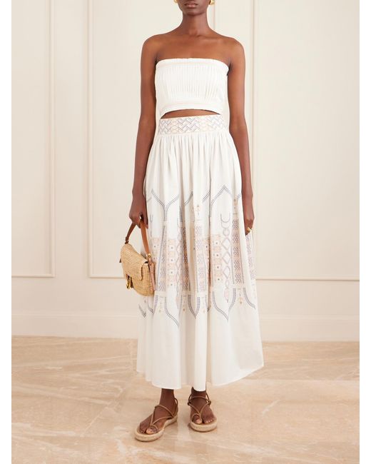Emporio Sirenuse Natural Ombretta Embroidered Cotton-Blend Poplin Midi Skirt