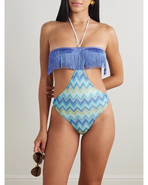 Missoni Blue Mare Cutout Fringed Striped Crochet-Knit Swimsuit