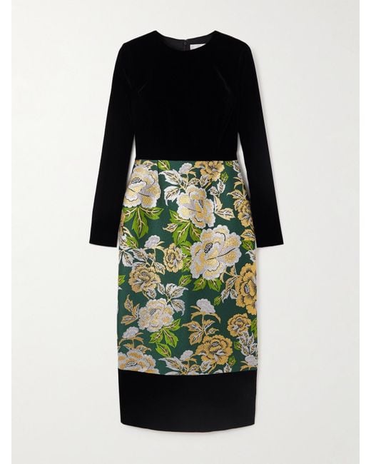 Carolina Herrera Green Velvet And Floral-Jacquard Midi Dress
