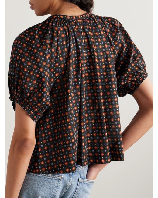 Doen Black June Gathered Floral-Print Organic Cotton-Voile Blouse